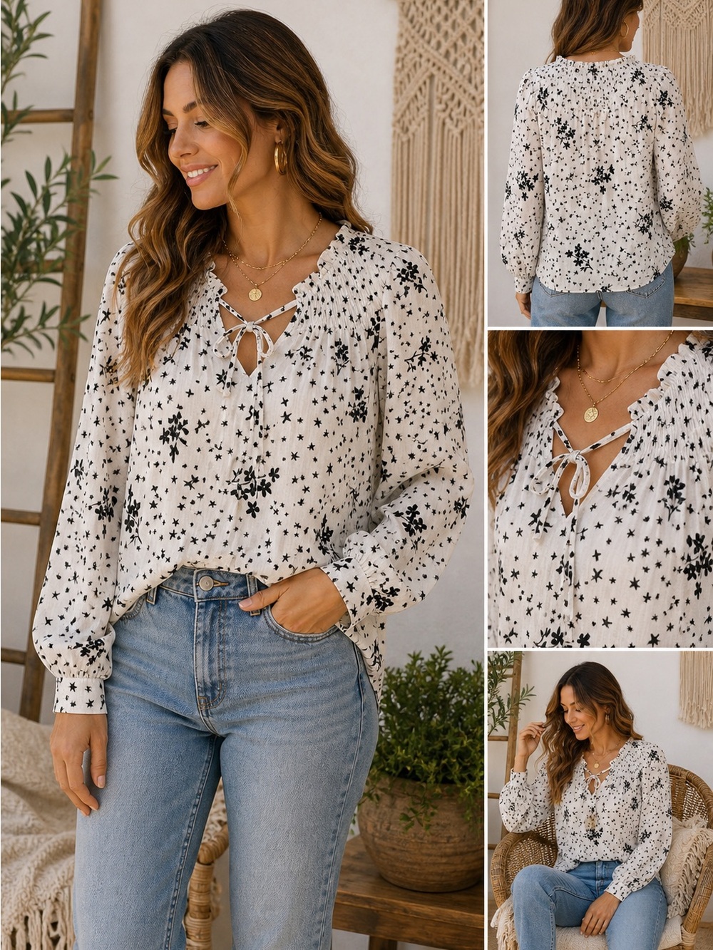 ZARA Basic Star Floral Smocked Blouse Black White M